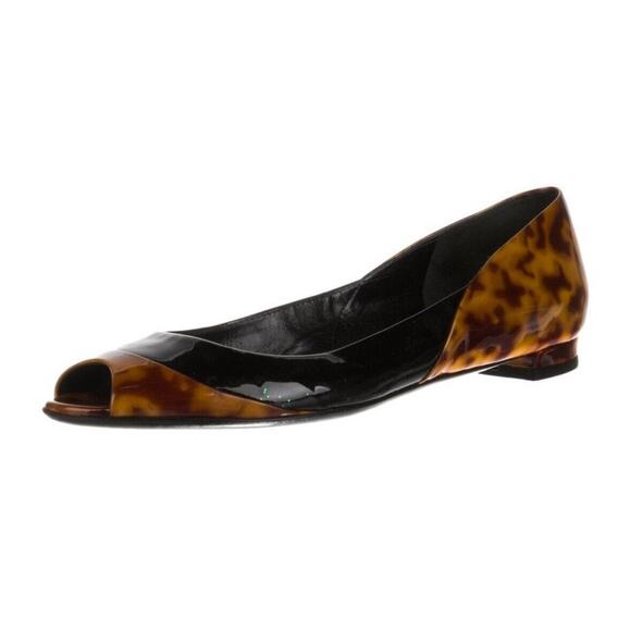 Authentic GUCCI Tortoise Patent Leather Peep Toe Ballerina Flat Shoes Sz 8 EUC - Picture 1 of 5